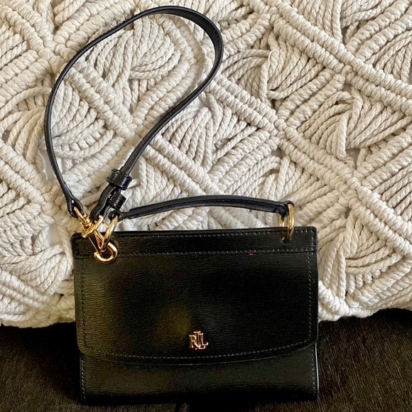 LAUREN RALPH LAUREN 100% LEATHER BLACK GOLD MINI BAG PURSE WRISTLET CLUTCH OS